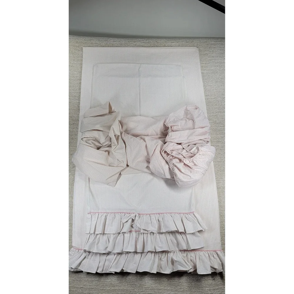 Laura Ashley Ticking Stripe King Sheet Set Pink Ruffle Bedding USA Made Vintage